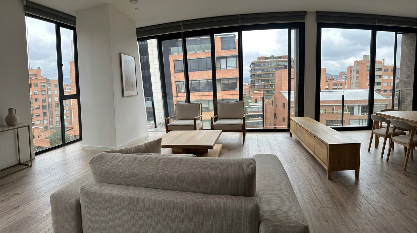 Sala amoblada en arriendo con sofá y mesa de centro